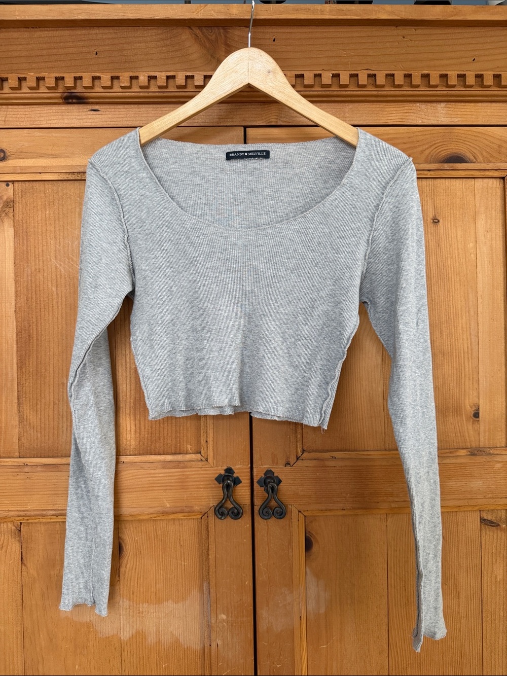 Brandy Melville Light Gray Ribbed Long Sleeve Crop Top